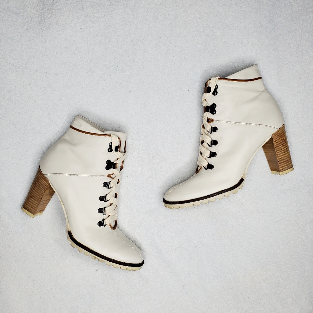 Coach Lucia White Cream Leather Lace Up Heeled Ankle Boots